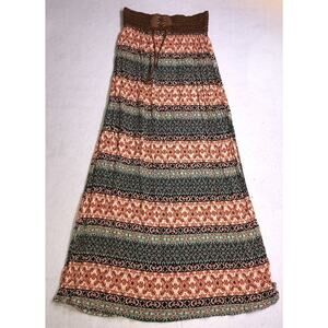 Poetry Skirt Maxi Boho Hippie Splits Elastic Waist Orange Green Womens Sz S